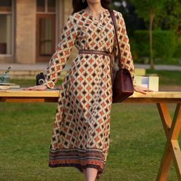 AURELIA Geometric Printed Mandarin Collar Neck A-Line Dress-image-56