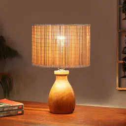 Devansh Beige & Brown Textured Wooden Cylindrical Shaped Table Lamp-16