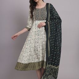 HERE&NOW Printed & Embroidered Flared Midi Dress & Dupatta-image-48