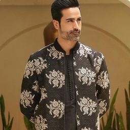 KISAH Mandarin Collar Kurta With Trousers & Ethnic Motifs Embroidered Bomber Jacket Set-picture-5