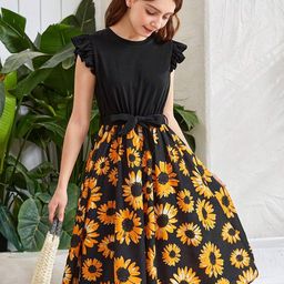 YK Girls Floral Printed Tie-Ups Detail Fit & Flare Midi Dress-image-69