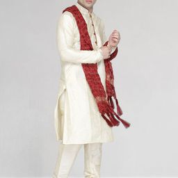 SKAVIJ Men Ethnic Motifs Yoke Design Regular Thread Work Dupion Silk Kurta with Churidar & With Dupatta image 5