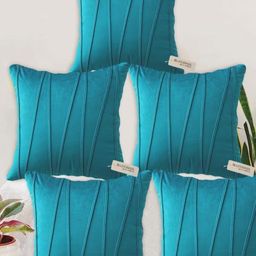 Blue Grass Blue 5 Pieces Striped Velvet Square Cushion Covers-image-49