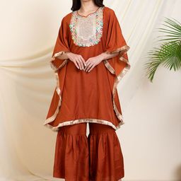 DEEBACO Round Neck Embroidered Kaftan Top With Sharara-image-36