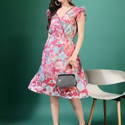 POOJARAN SAREE Floral Print Ruffled Georgette Fit & Flare Short Dress-picture-36