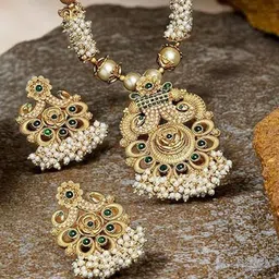 ORANGENYSHA Gold-Plated Stone-Studded & Beaded Peacock Theme Temple Jewellery Set-image-76