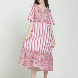 SHAYE Women Floral Print V-Neck Short Sleeve Fit & Flare Midi Dress-image-23