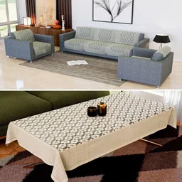 Aura Cream & Grey 5 Seater Floral Printed Cotton Sofa Cover-image-97