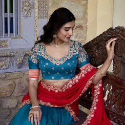 LOOKNBOOK ART Embroidered Sequinned Ready to Wear Lehenga & Unstitched Blouse With Dupatta image 5