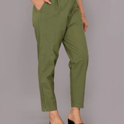 Women Slim Fit Green Cotton Blend Trousers-image-4