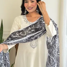 KALINI Women Embroidered Regular Sequinned Kurta with Trousers & With Dupatta image 2