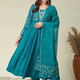 MOKOSH Floral Embroidered Sequnnied Silk Anarkali Kurta With Trousers & Dupatta-image-61