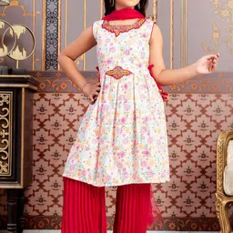Sangria Girls Floral Printed Sequined Sleeveless Kurta With Sharara & Dupatta-image-69