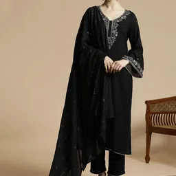 Anouk Floral Embroidered Bell Sleeves Thread Work Straight Kurta With Trousers & Dupatta-18