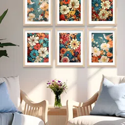 Kotart Brown & Teal 6 Pieces Floral And Botanical Printed Wooden Wall Arts-image-94