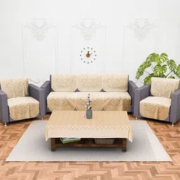 Kuber Industries Cream-Coloured 11 Pieces Cotton 5 Seater Sofa Cover & Table Cover-90