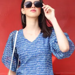 Sera Tie and Dye Print Puff Sleeve Net Crop Top-picture-16