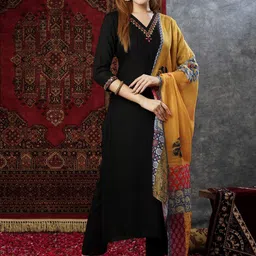 GoSriKi Embroidered Mirror Work Regular Straight Kurta with Trousers & Dupatta-29