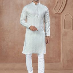 OUTLUK Striped Woven Design Mandarin Collar Thread Work Pure Cotton Kurta With Trousers-image-42