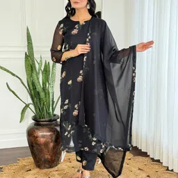 KALINI Floral Printed Notch-Neck Straight Kurta With Trousers And Dupatta-image-10