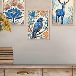 Kotart Brown & Blue 3 Pieces Wooden Birds And Animals Wall Arts-picture-34