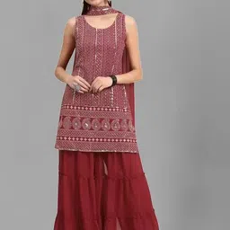 PARROT CREATION Women Embroidered Regular Sequinned Kurti with Sharara & With Dupatta-image-84