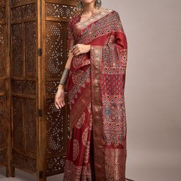 all about you modal Ajrak Block Zari Sungudi Saree with Blouse Piece-image-95