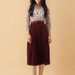 AASK Women Floral Print Shirt Collar Puff Sleeve Crepe Fit & Flare Midi Dress-picture-16