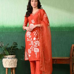 Mesqlu Women Printed Regular Thread Work Kurti with Trousers & With Dupatta-picture-49