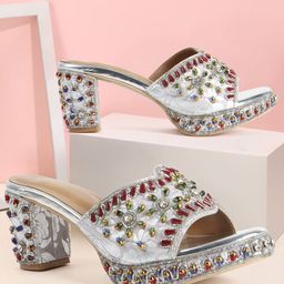 VENDOZ Women Embellished Beaded Open Toe Block Heels Sandals-image-2