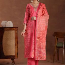 Libas Floral Printed V-Neck Zari Straight Kurta With Trousers And Dupatta-image-21