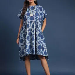Taavi Indigo Printed Pure Cotton Round Neck Dress-image-8