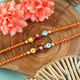 Asthetika Set Of 2 Artificial Stones Studded And Beaded Evil Eye Rakhis With Roli Chawal-image-5