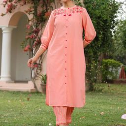 SAVI Women Ethnic Motifs Embroidered Regular Thread Work Pure Cotton Kurta with Trousers-11