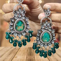 OPUS GEMS Artificial Stones Studded & Beaded Floral Shaped Drop Earrings-picture-25