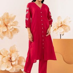 CUSTARD Floral Embroidered Thread Work Pure Cotton Straight Kurta with Trousers-image-7