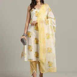Meena Bazaar Floral Printed Shoulder Straps Mirror Work Kurta With Trousers & Dupatta-13