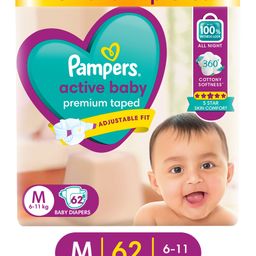 Pampers Active Baby Taped Diapers, Medium size diapers, (M) 62 count, taped style custom fit-image-28