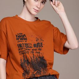roadster Women Printed Round Neck Pure Cotton Brown T-Shirt-picture-10