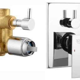 Brass Single Lever Divertor High Flow KUBE Series Complete Set With Add-ons: Brass Single Lever 4 Way/2 Inlet Concealed Body, Upper Brass Plate & Handles Diverter Faucet-image-69