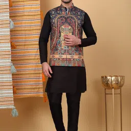 KRAFT INDIA LUXE Mandarin Collar Straight Kurta with Churidar & Printed Nehru Jacket-picture-41