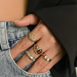 LULU & SKY Set Of 4 Gold-Plated Stone-Studded Adjustable Finger Ring-6