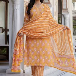 Kohsh Women Floral Printed Cotton Kurta with Trousers & Dupatta-image-60