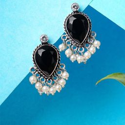 Bamboo Tree Jewels Artificial Stones Studded & Beaded Oxidised Oval Shaped Studs-image-92