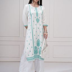 Vishudh Floral Embroidered Three-Quarter Sleeves Thread Work Straight Kurta-picture-46