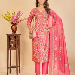 Larqi Women Floral Embroidered Regular Pure Cotton Kurta with Trousers & With Dupatta-picture-28