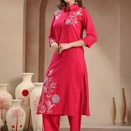 Sangria Floral Embroidered Shirt Collar Thread Work Kurta With Trousers-image-5