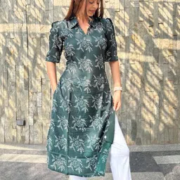 BINDUDI Floral Printed Shirt Collar Linen Straight Kurta-image-61