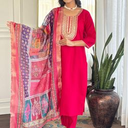URMIR FASHION Women Embroidered Thread Work Chanderi Silk Kurta with Trousers & Dupatta-image-75
