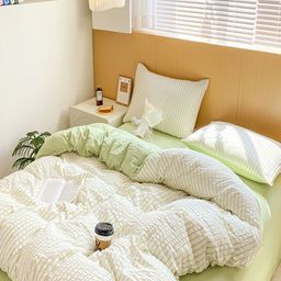 JC HOME Green & White Striped Polycotton 4 Piece Double King Regular Bedding Set-38